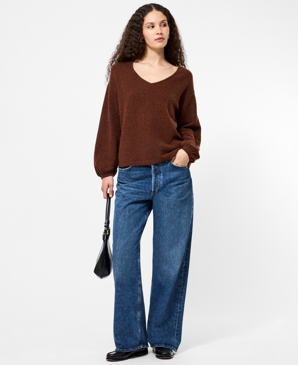 French Connection Vhari Knit V Neck Pullover Sweater In Brown