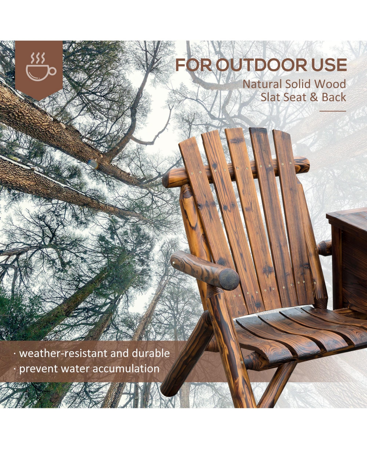 Outsunny Double Adirondack Chair Loveseat w/ Table & Ice Bucket, Varnished Wood