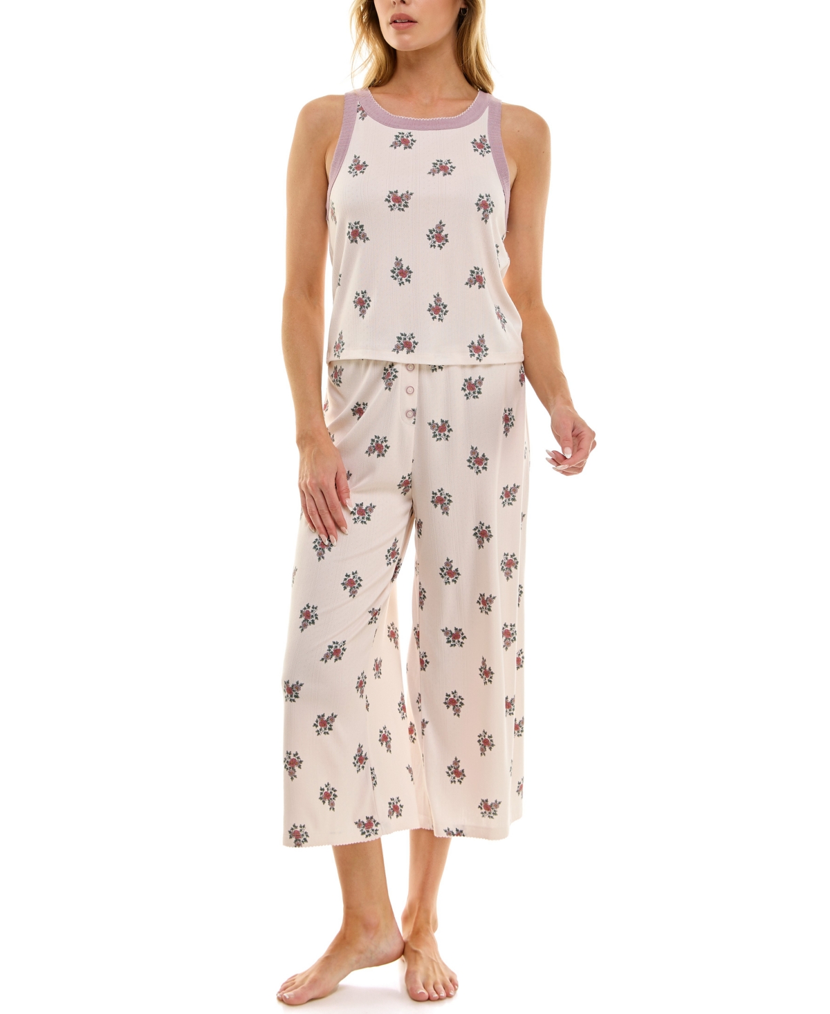 Roudelain Women's 2-piece Contrast Binding Sleeveless T-shirt And Pajama Set In Neutral