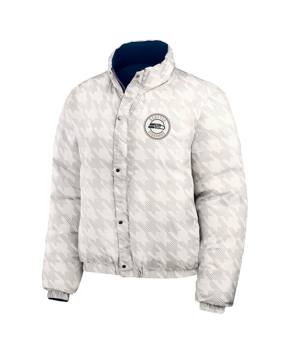 Wear By Erin Andrews Women's College Navy/white Seattle Seahawks Reversible Cropped Full-zip Puffer Jacket In Blue