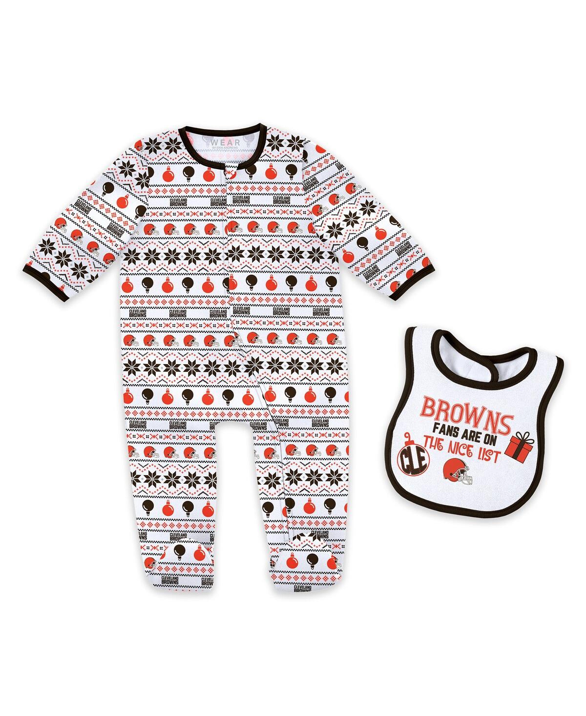 Wear By Erin Andrews Baby Boys And Girls Cleveland Browns Allover Print Full-zip Sleeper Bib Set In White