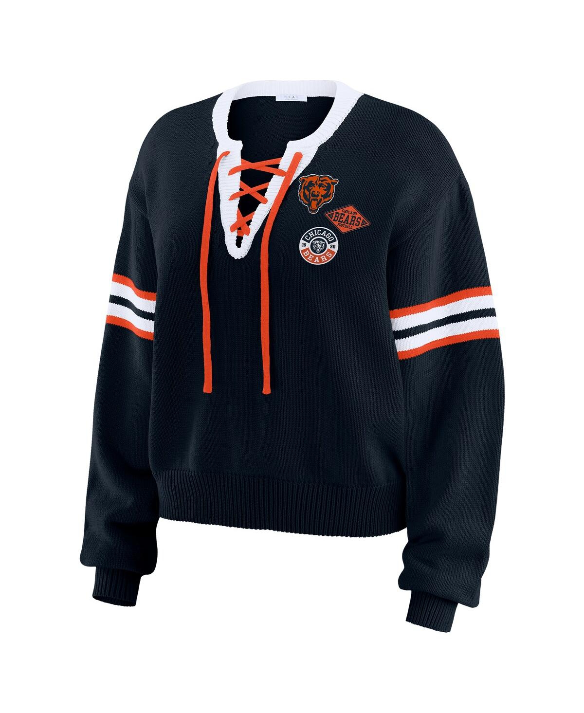 Wear By Erin Andrews Women's Navy Chicago Bears Lace-up Pullover Sweatshirt In Black