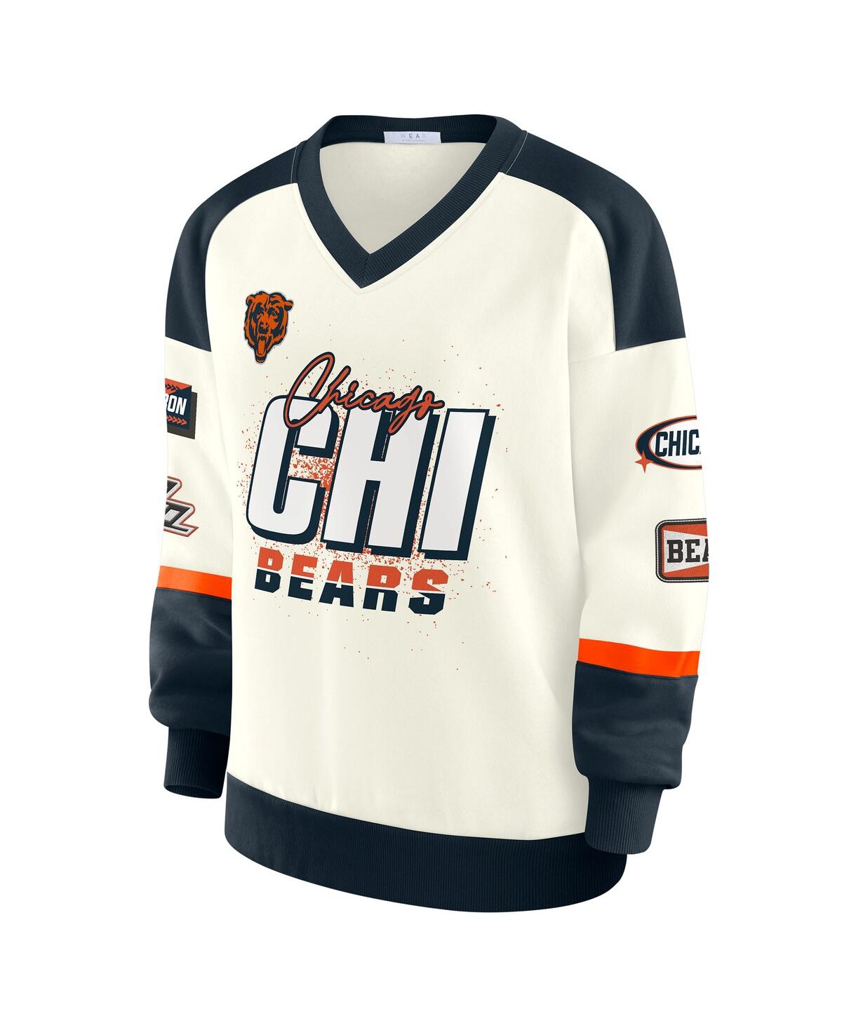 Wear by Erin Andrews Women's Cream Chicago Bears Racing Crew V-Neck Sweatshirt
