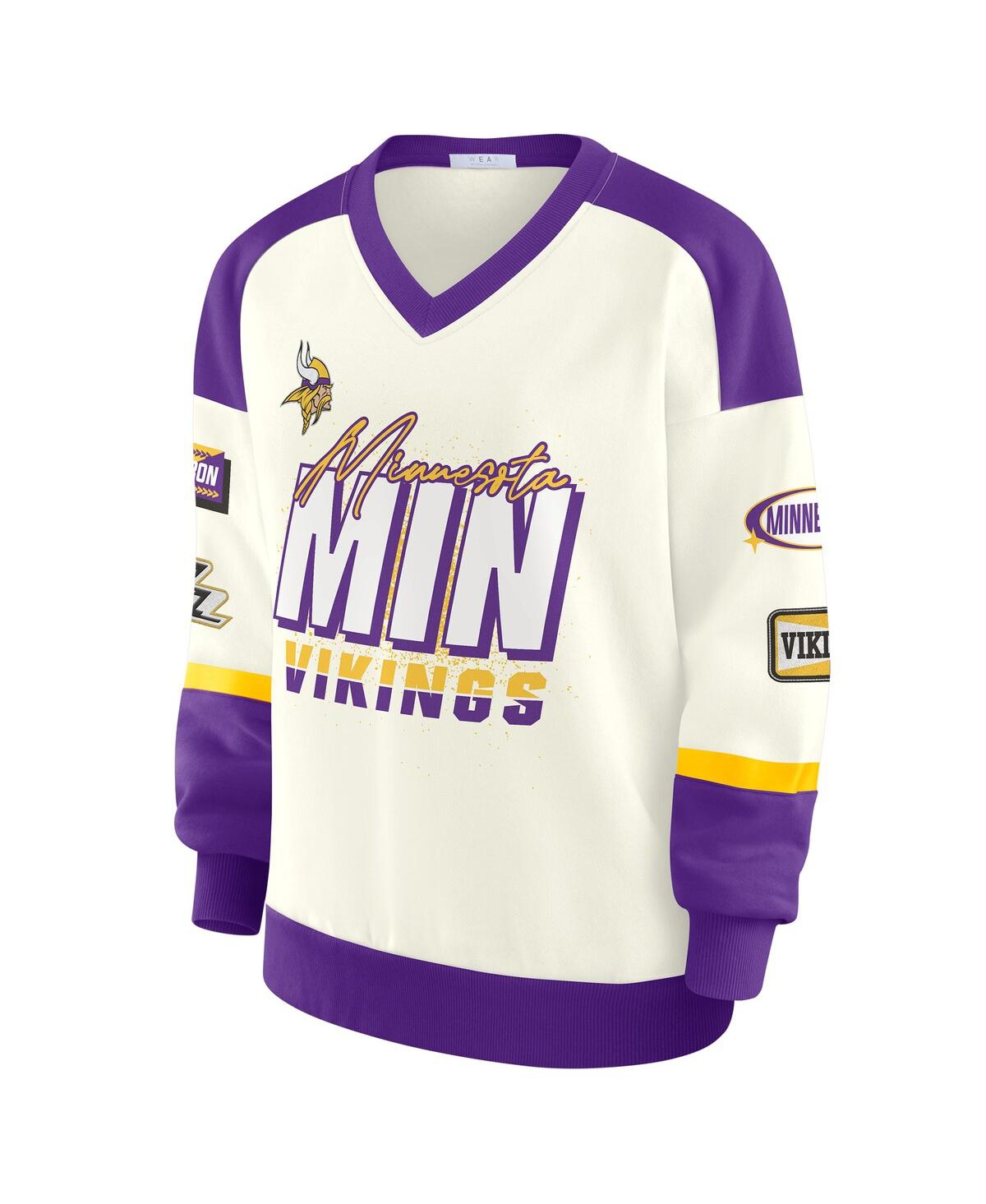 Wear By Erin Andrews Women's Cream Minnesota Vikings Racing Crew V-neck Sweatshirt In Multi