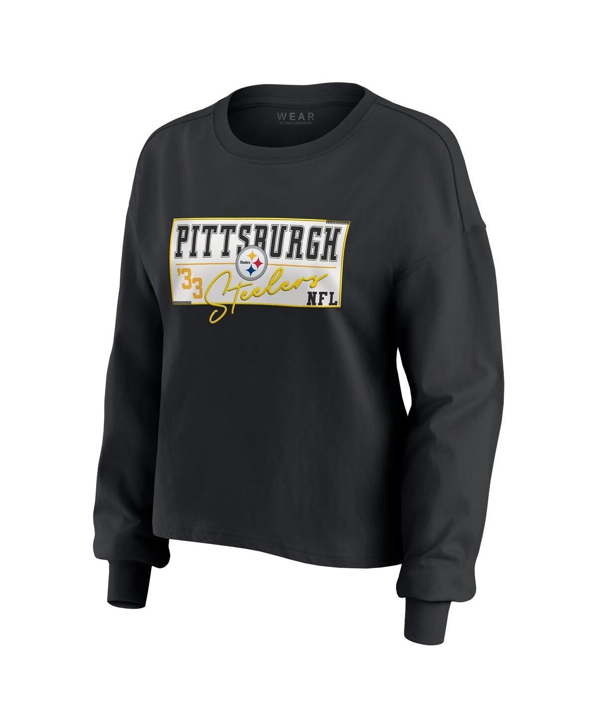 Wear By Erin Andrews Women's Black Pittsburgh Steelers Heavy Rugby Jersey Long Sleeve T-shirt Shorts Lounge Set In Black