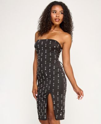 Juniors' Beaded Satin Strapless Back Midi Dress