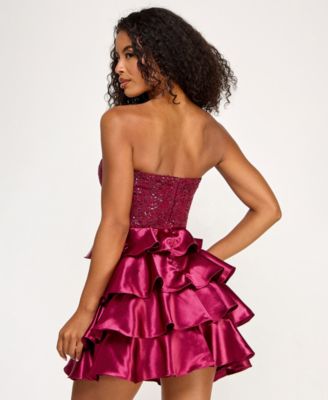 Juniors' Sequin Embellished Strapless Satin Tiered Dress