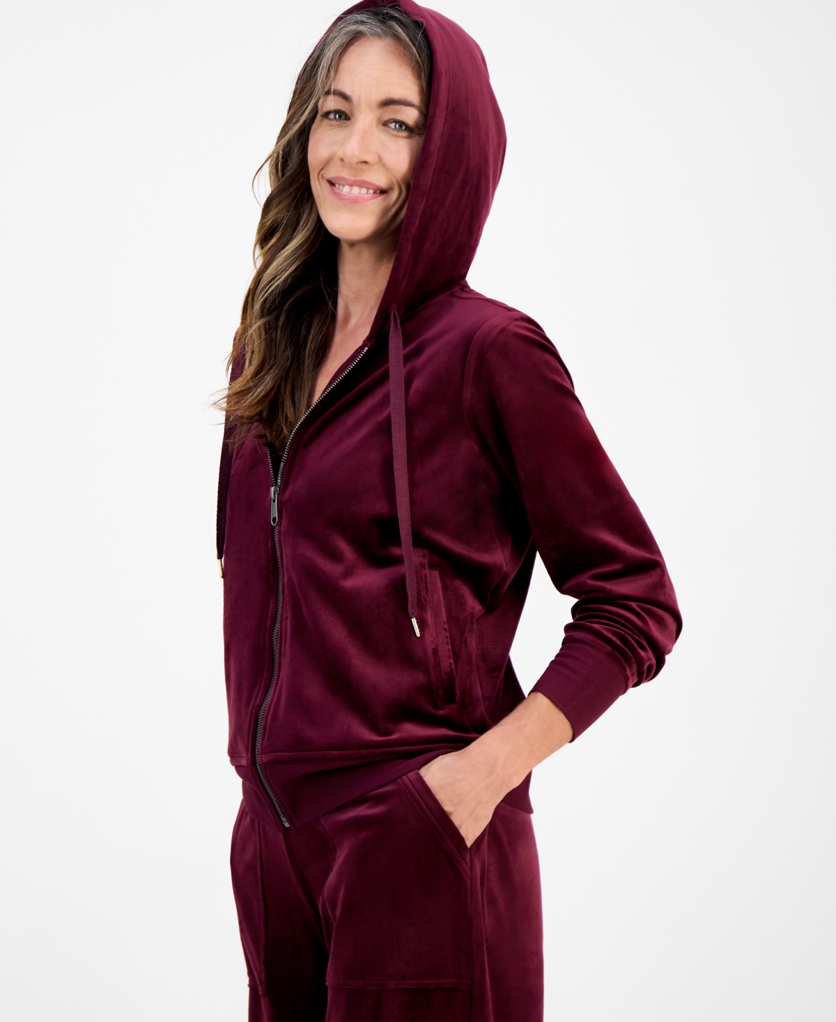 Style & Co Women's Velour Zip-up Hoodie, Macy's Exclusive In Burgundy