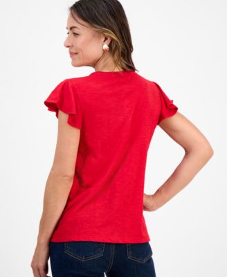 Petite Cotton Embroidered Flutter-Sleeve Knit Top, Macy's Exclusive 