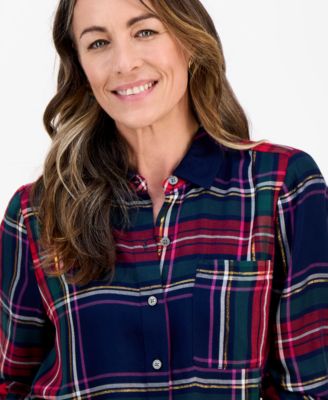 Petite Festive Plaid Perfect Long-Sleeve Shirt, Macy's Exclusive 