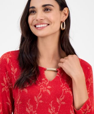 Petite Leafy-Floral Shine Party Jacquard Top, Macy's Exclusive 