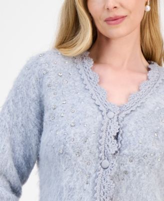 Petite V-Neck Embellished Fuzzy Cardigan, Macy's Exclusive 