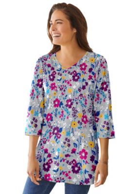 Plus Size Perfect Printed Three-Quarter-Sleeve V-Neck Tunic