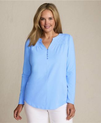 Women's Petite Long Sleeve Lightweight Jersey Notch Neck Tunic Top