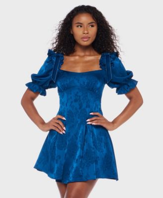 Juniors' Puff Sleeve Pleated Short Dress