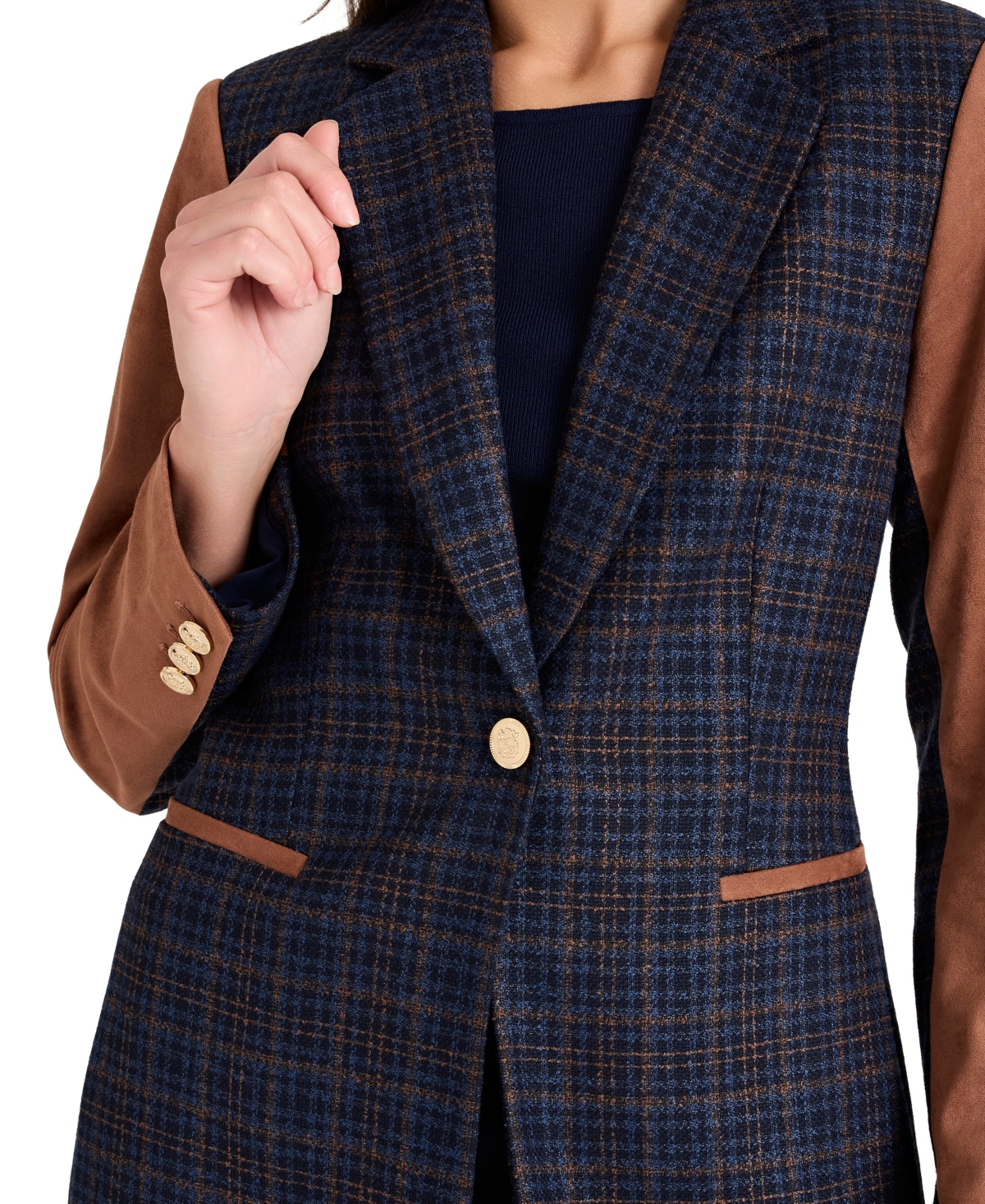Tahari Asl Women's Mixed Media Plaid One-Button Jacket with Suede Sleeves