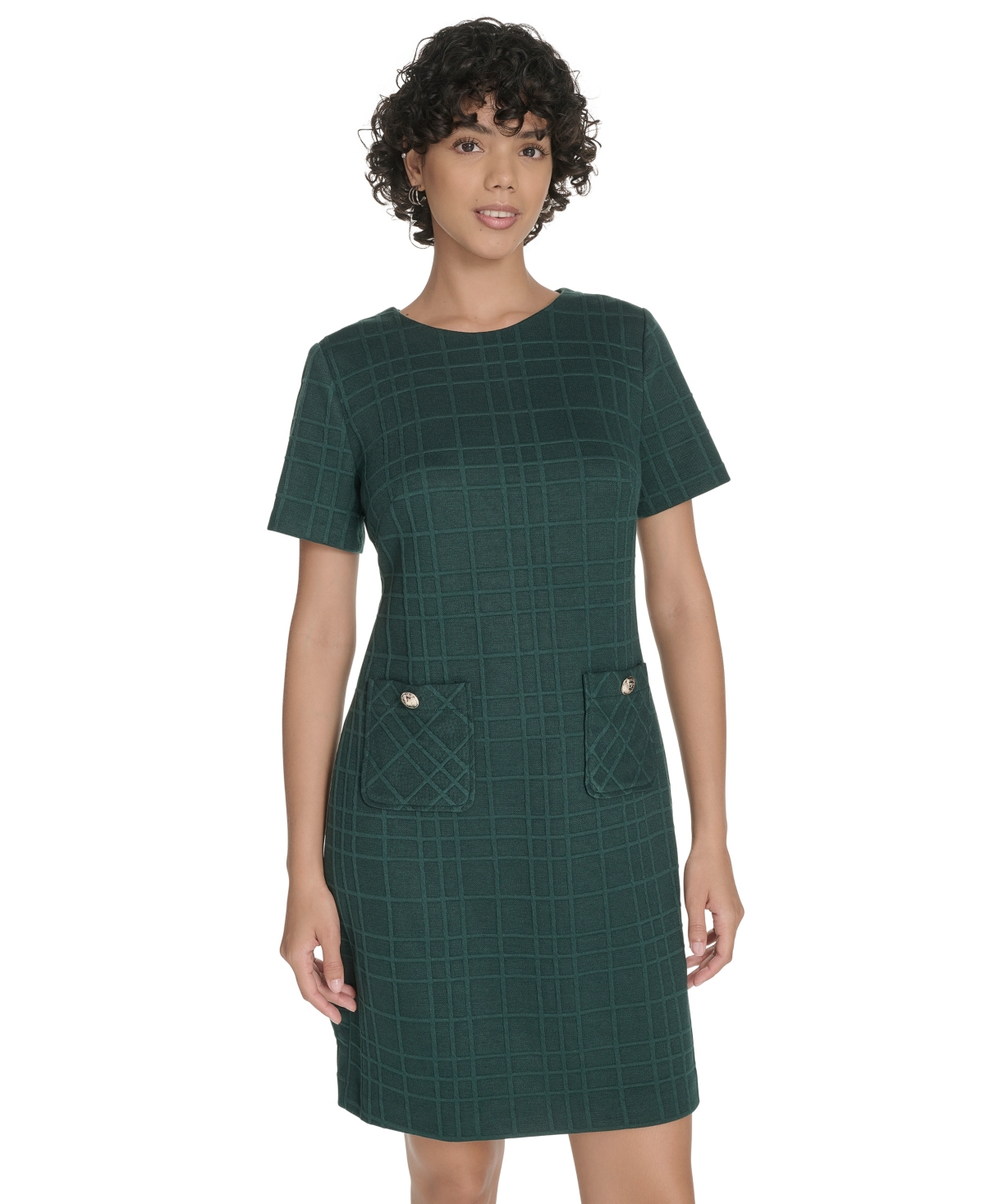 Tommy Hilfiger Windowpane Short Sleeve Shift Dress In Green