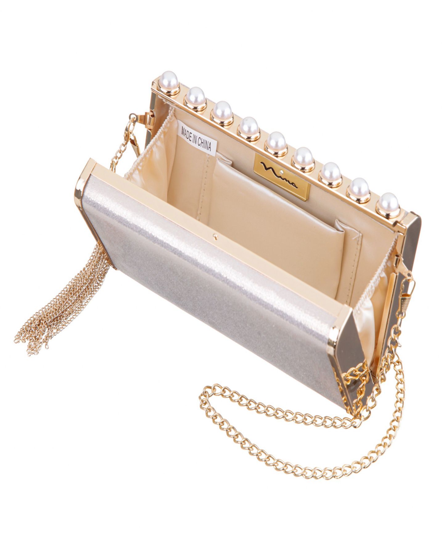 Женский клатч Nina Crystal Ornamented Minaudiere Tassel Lift Lock Clutch, цвет: Platino — фото 4
