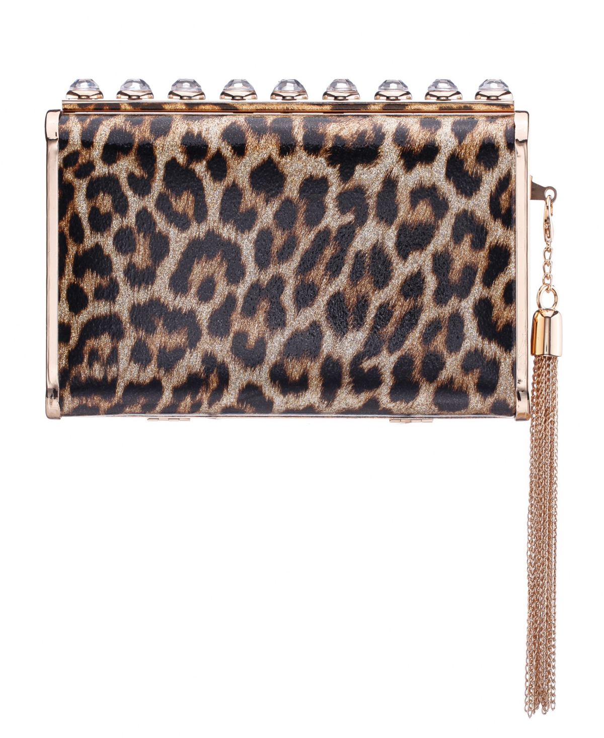 Nina Crystal Ornamented Minaudiere Tassel Lift Lock Clutch In Brown