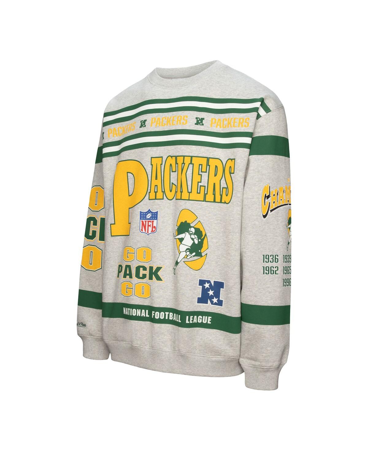 Mitchell & Ness Men's Heather Gray Green Bay Packers All Over Print Fleece Crewneck Sweatshirt In Gray