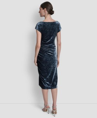 Women's Cap Sleeve Ruched Velvet Midi Dress