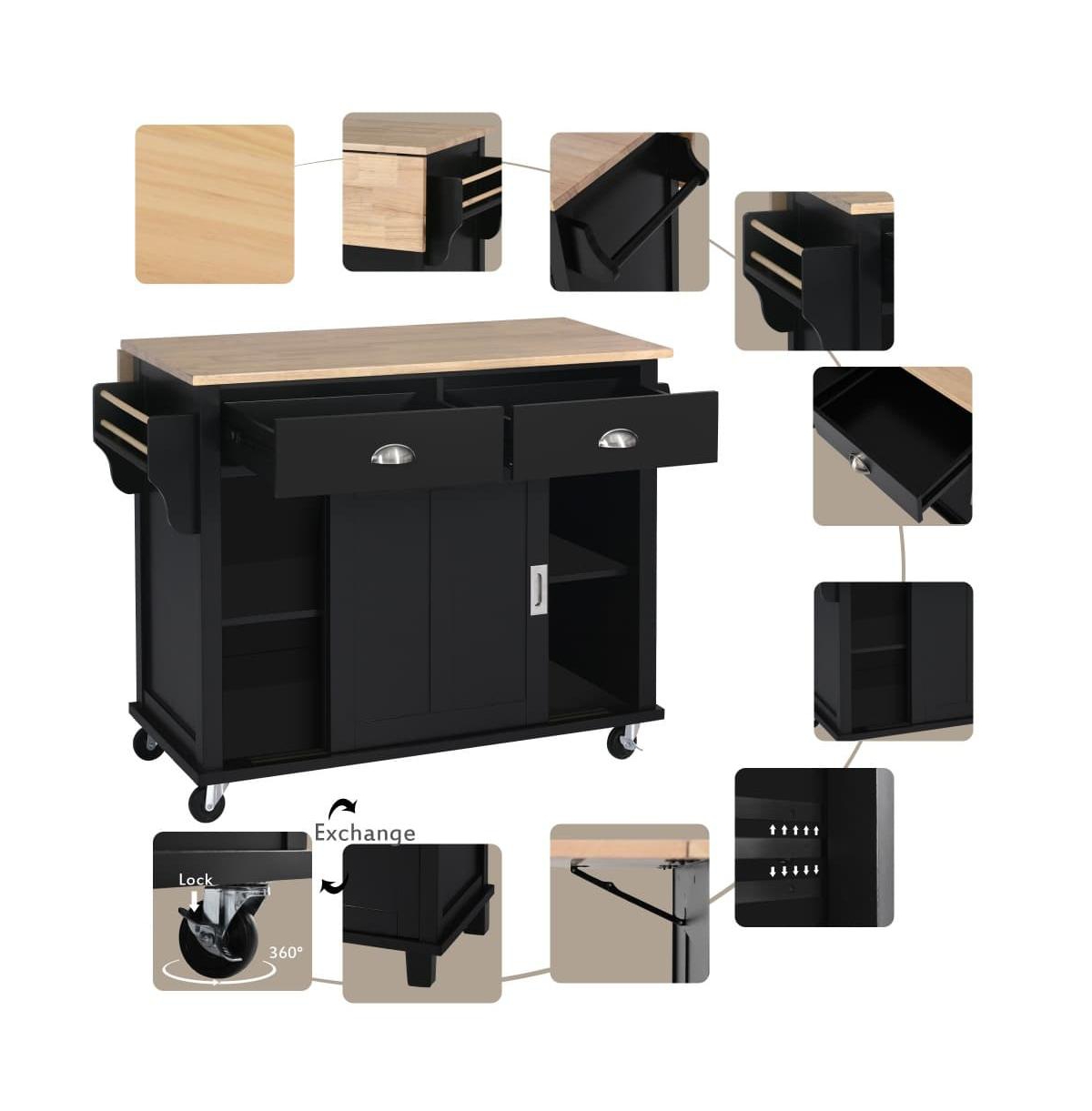 Maison Boucle 52" Rolling Kitchen Island with Drop Leaf, Sliding Barn Door & Adjustable Storage, Mobile Cart Towel Spice Rack-Maison