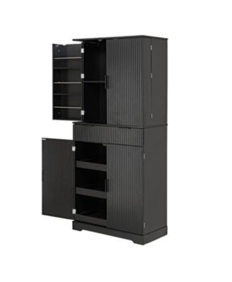 72" Fluted Pantry Cabinet - Keyboard Drawers & Adjustable Shelves Black