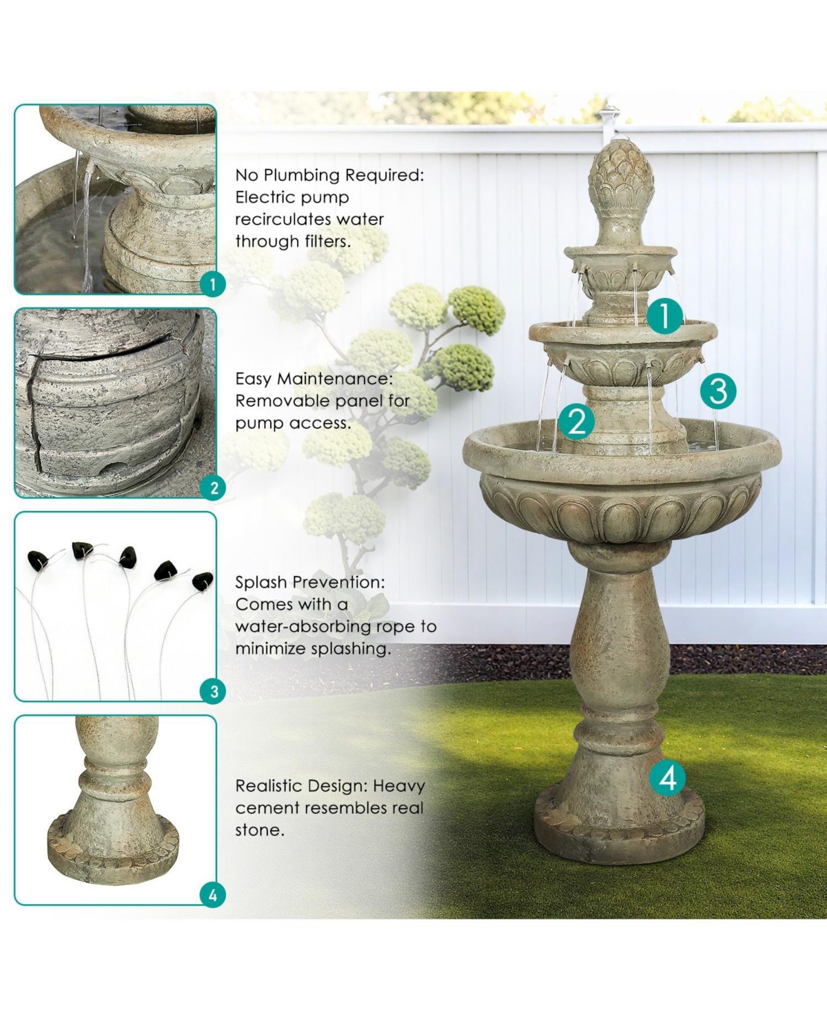 SunJet 42.5” High 3-Tiers Modern Concrete Outdoor Water Fountain