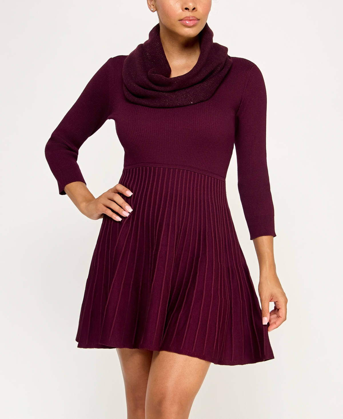Bcx Juniors' 3/4-sleeve Crewneck Detachable Scarf Sweater Dress In Burgundy