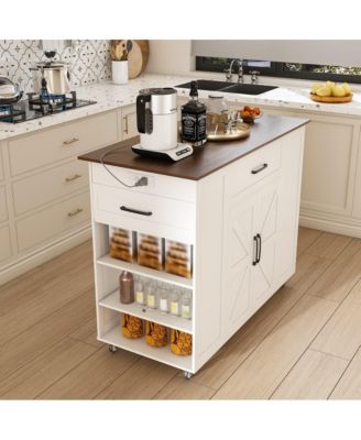  46" Kitchen Island with Power Outlet, Drawers & Cabinet, Rolling Farmhouse Cart with Wood Top & Locking Wheels-Maison Boucle