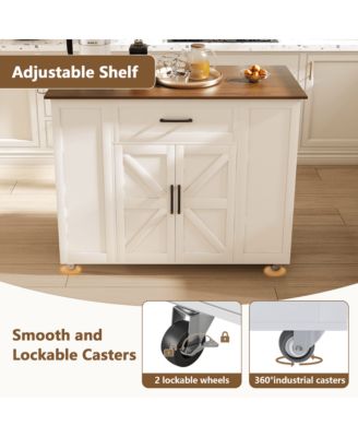  46" Kitchen Island with Power Outlet, Drawers & Cabinet, Rolling Farmhouse Cart with Wood Top & Locking Wheels-Maison Boucle