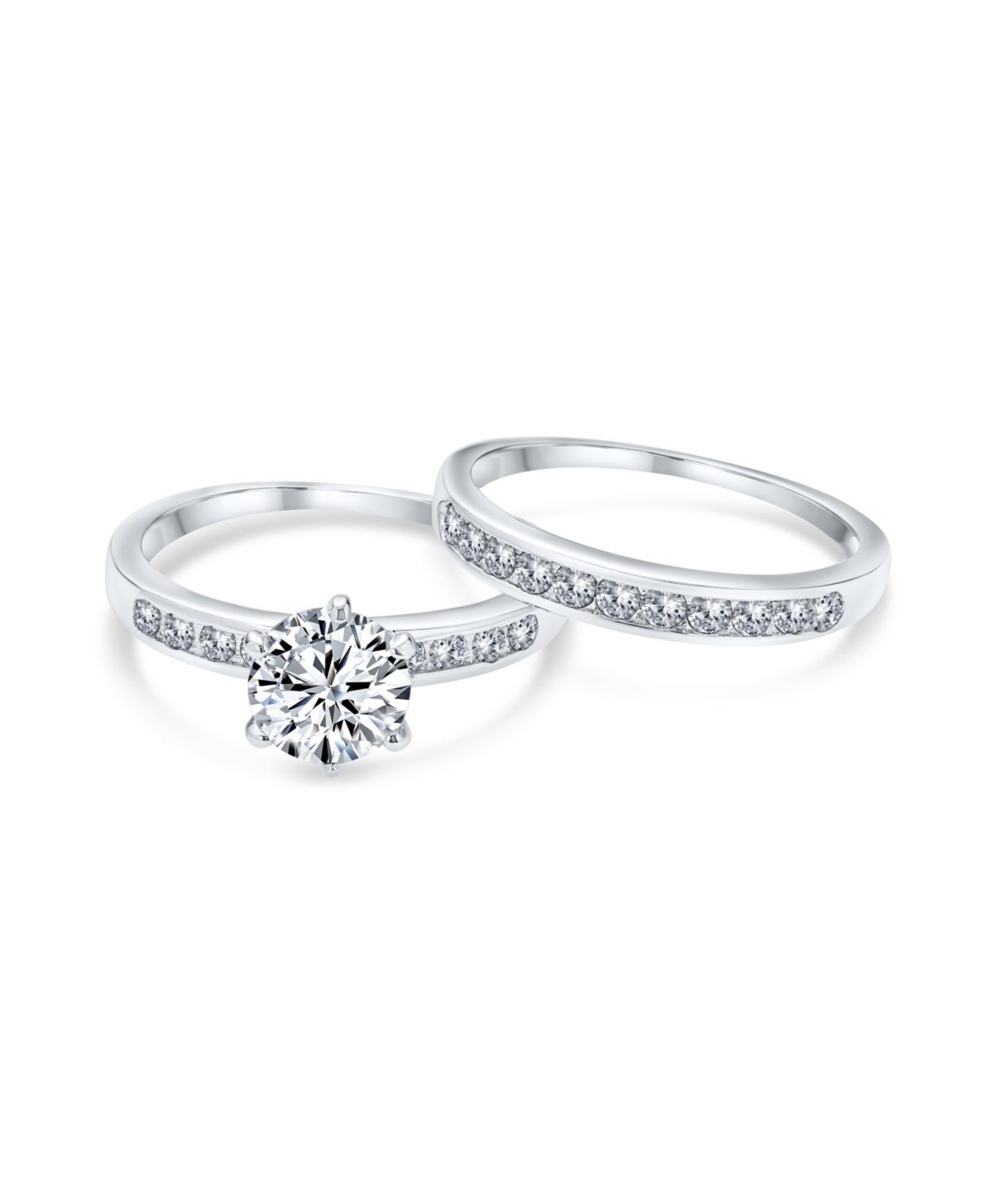 Bling Jewelry Classic 2CT Round Solitaire 6 Prong Solitaire Pave Band Cz Promise Ring Set Band Sterling Silver
