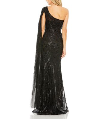 Women's One Shoulder Cape Sleeve Embellished Gown