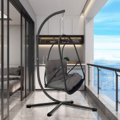 Swing Egg Chair with Stand Indoor Outdoor Wicker Rattan Patio Basket Hanging Chair Cushion