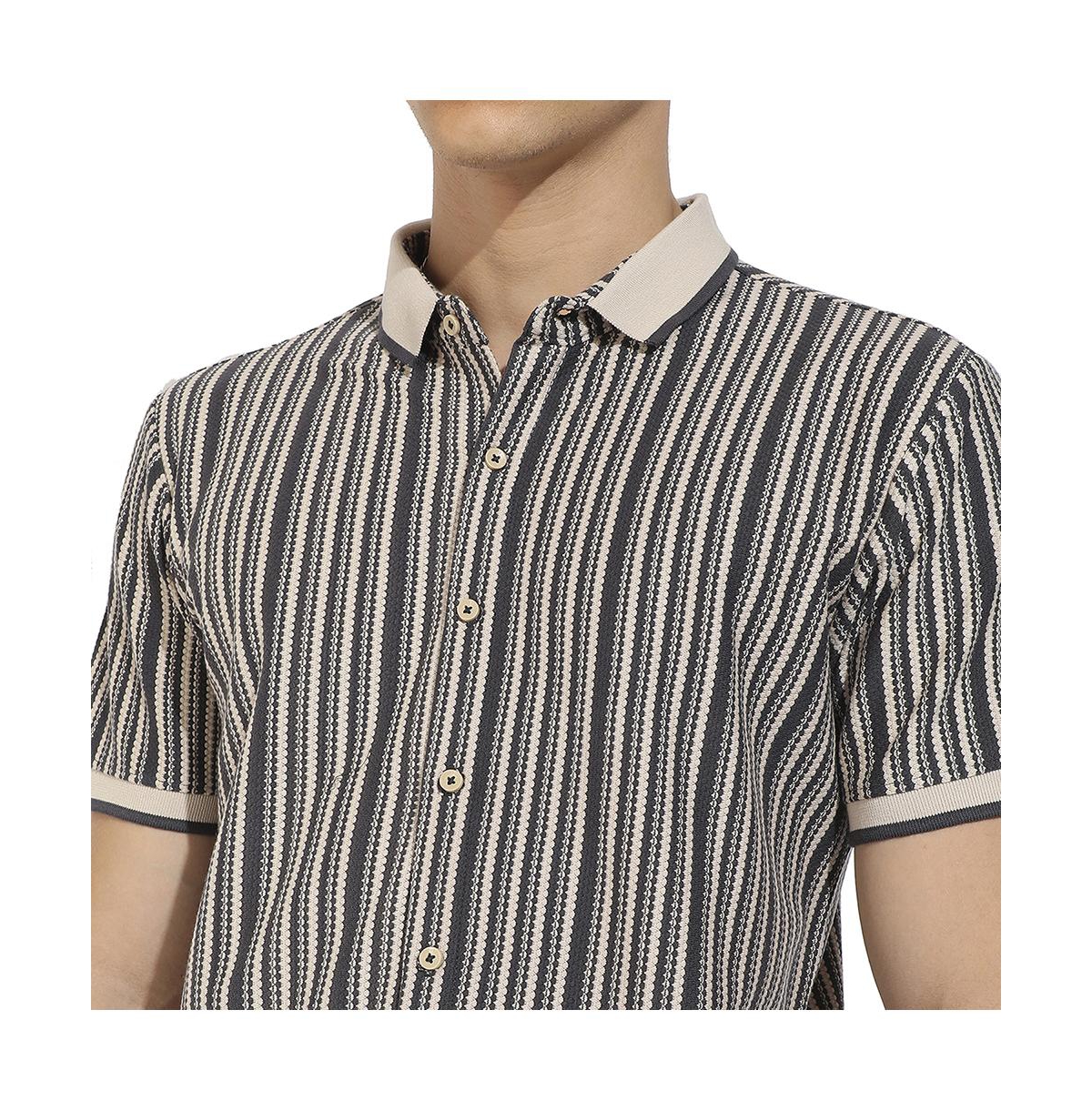 Campus Sutra Men's Light Grey & Navy Blue Contrast Knitted Shirt