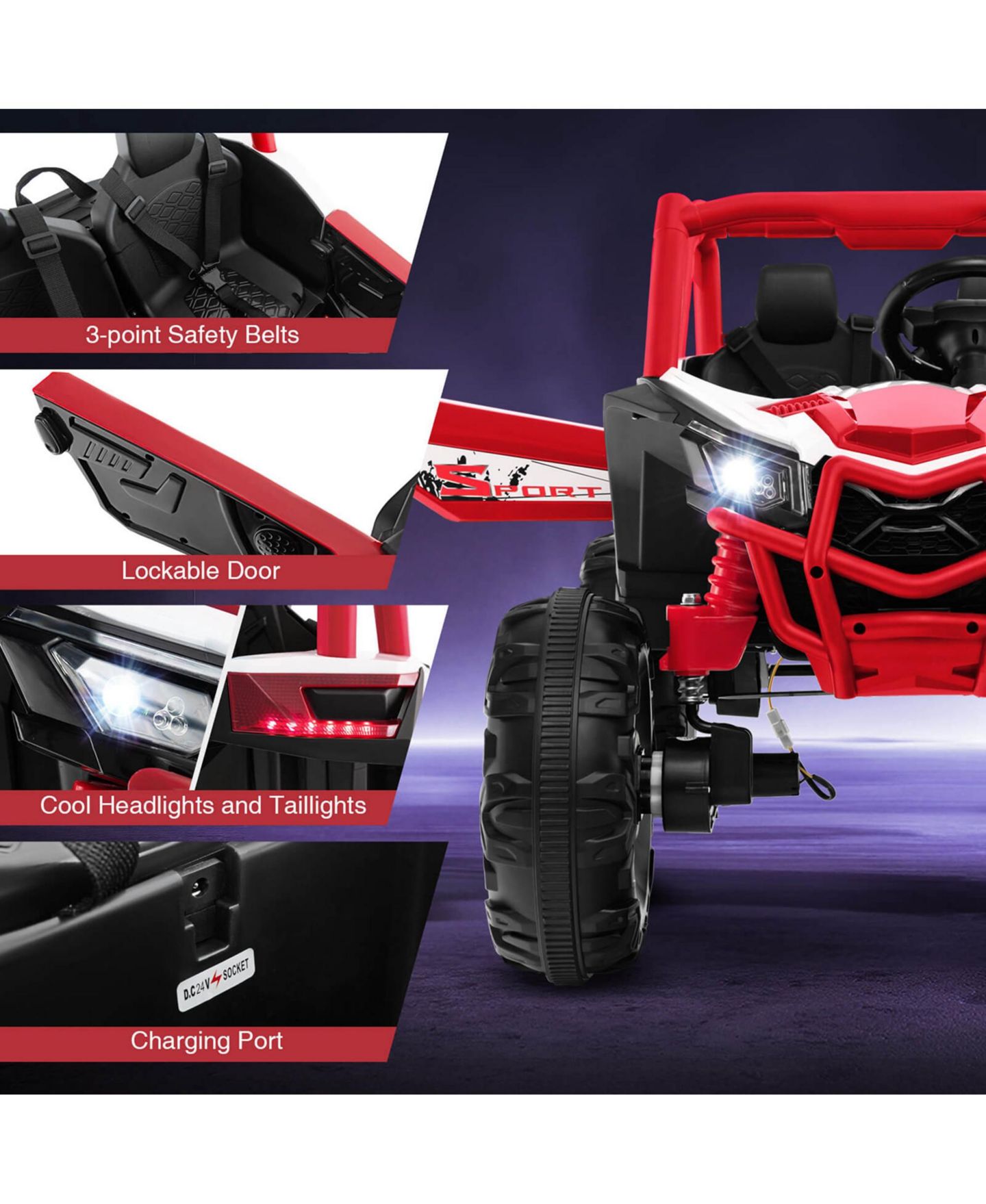 Детская игрушка Costway 24V Kids 2-Seater Remote Control Ride-On UTV, от 3 лет, цвет: Красный — фото 6