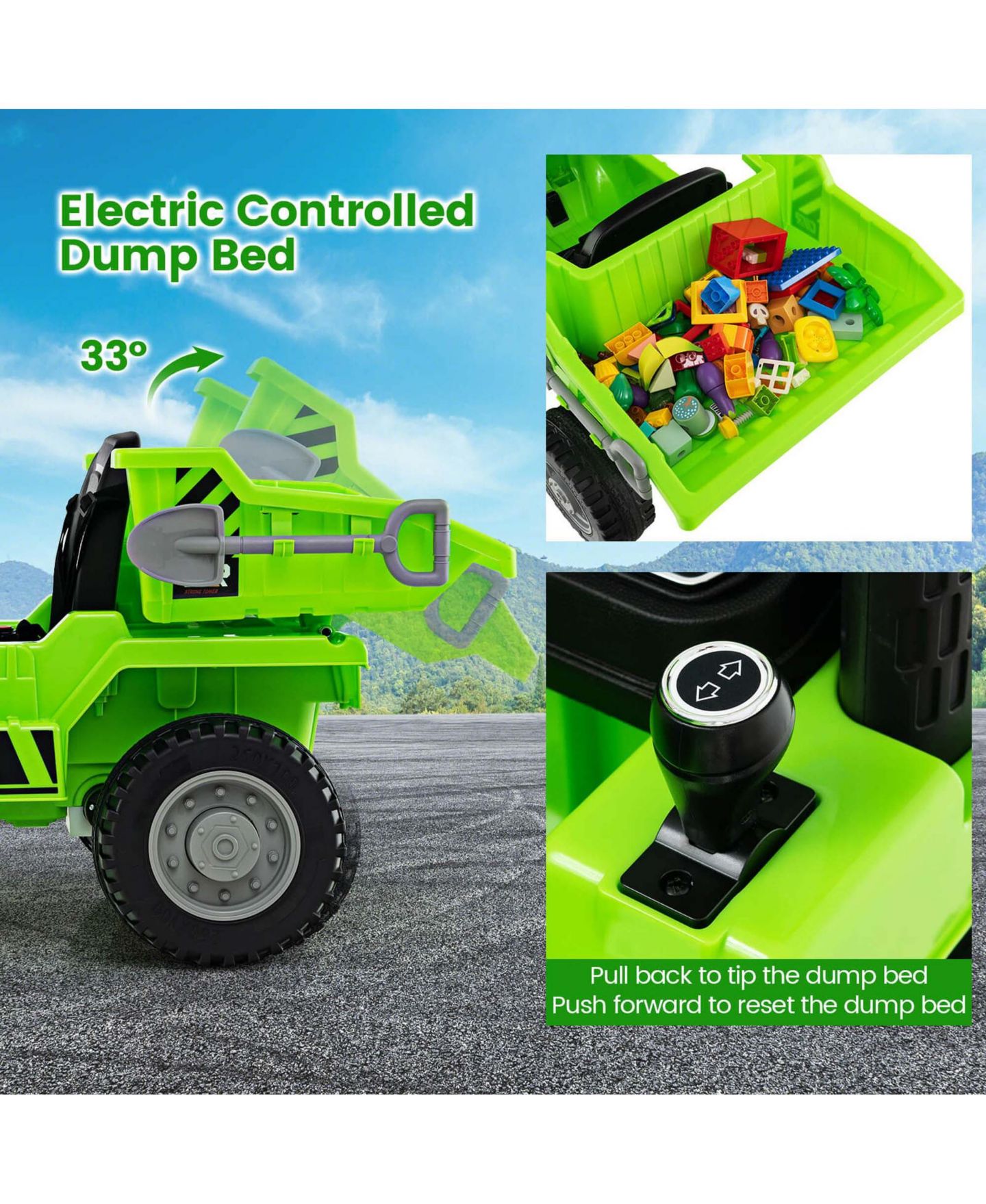 Детская игрушка Costway 12V Ride-On Dump Truck with LED Lights, Music & Wireless Connection, Ages 3+, цвет: Зелёный — фото 4