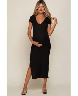 Maternity Black Basic Ribbed Side Slit Midi Dress