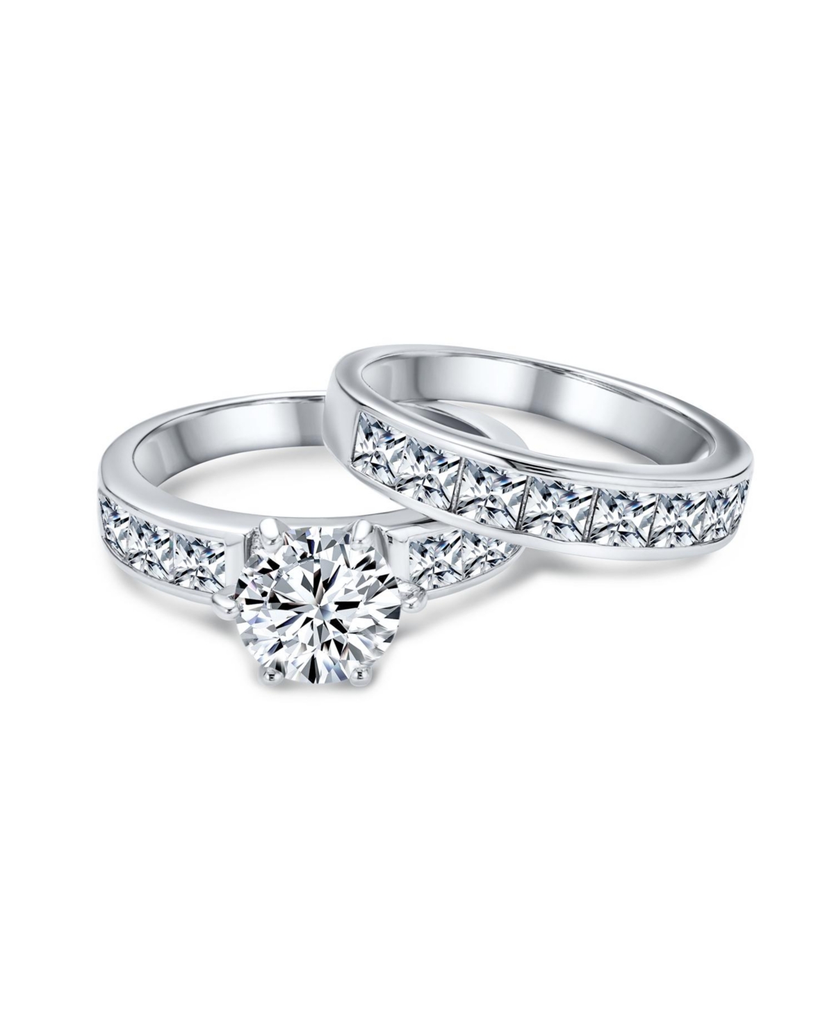 Bling Jewelry 3CT Classic Round Solitaire Cubic Zirconia With Cz Side Stone Princess Cut Band Promise Ring Set Sterling Silver