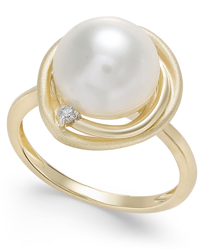 Macy's Cultured Freshwater Pearl (10mm) and Diamond Accent Swirl Ring ...