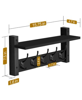 16 Inch Floating Wall Shelf with 5 Heavy Duty Hooks &amp;#x2013; for Entryway, Bathroom, Bedroom, Kitchen, or Mudroom