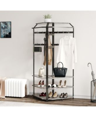 Corner Coat Rack with Shoe Bench Entryway and 12 Double Hooks, Corner Hall Tree - Corner Clothes Rack with Storage Corner Tree with Organizer Shoe Bench Shelf for Entryway, Hallway, Closet(Grey)