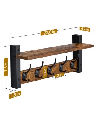 24 Inch Floating Wall Shelf with 5 Heavy Duty Hooks – for Entryway, Bathroom, Bedroom, Kitchen, or Mudroom