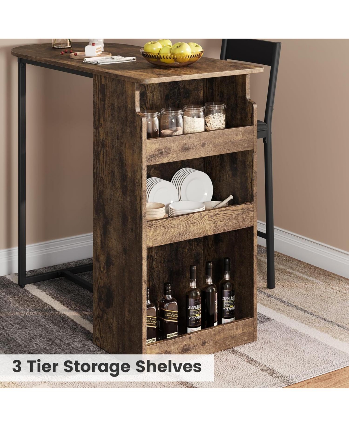 gaomon Bar Table and Chairs Set for 2, Pub Table and Chairs Set, 3 Piece Table Set with Three Tier Storage Shelf for Living Room, Dining Room, Small A