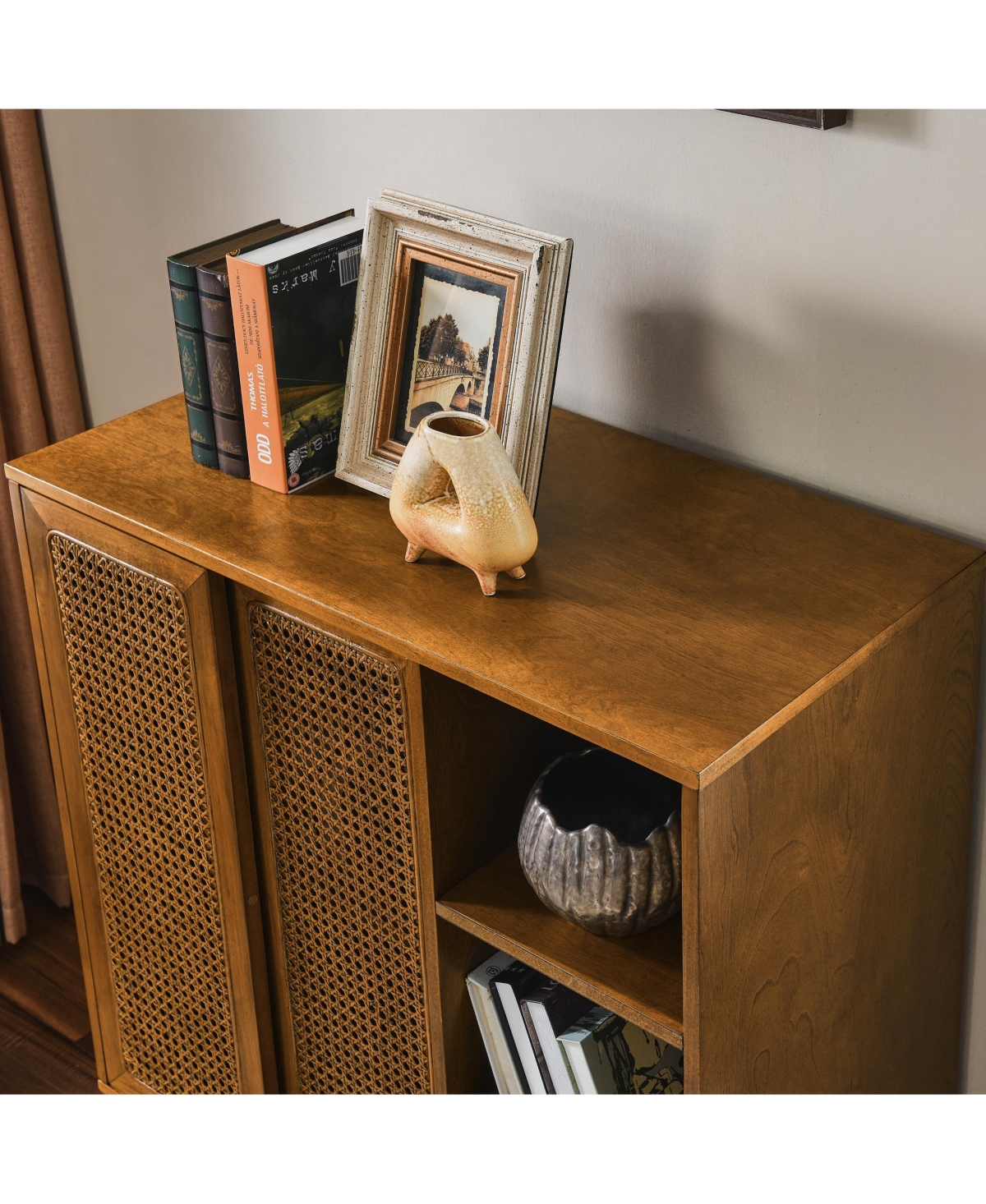Casainc Mid Century Rattan Sideboard with Adjustable Shelf and Solid Wood Feet for Home Use