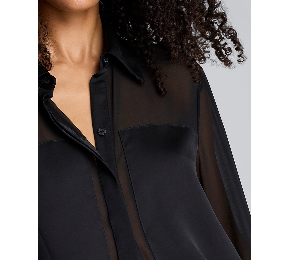 Kenneth Cole Long Sleeve Button Front Sheer Detail Woven Shirt In Black