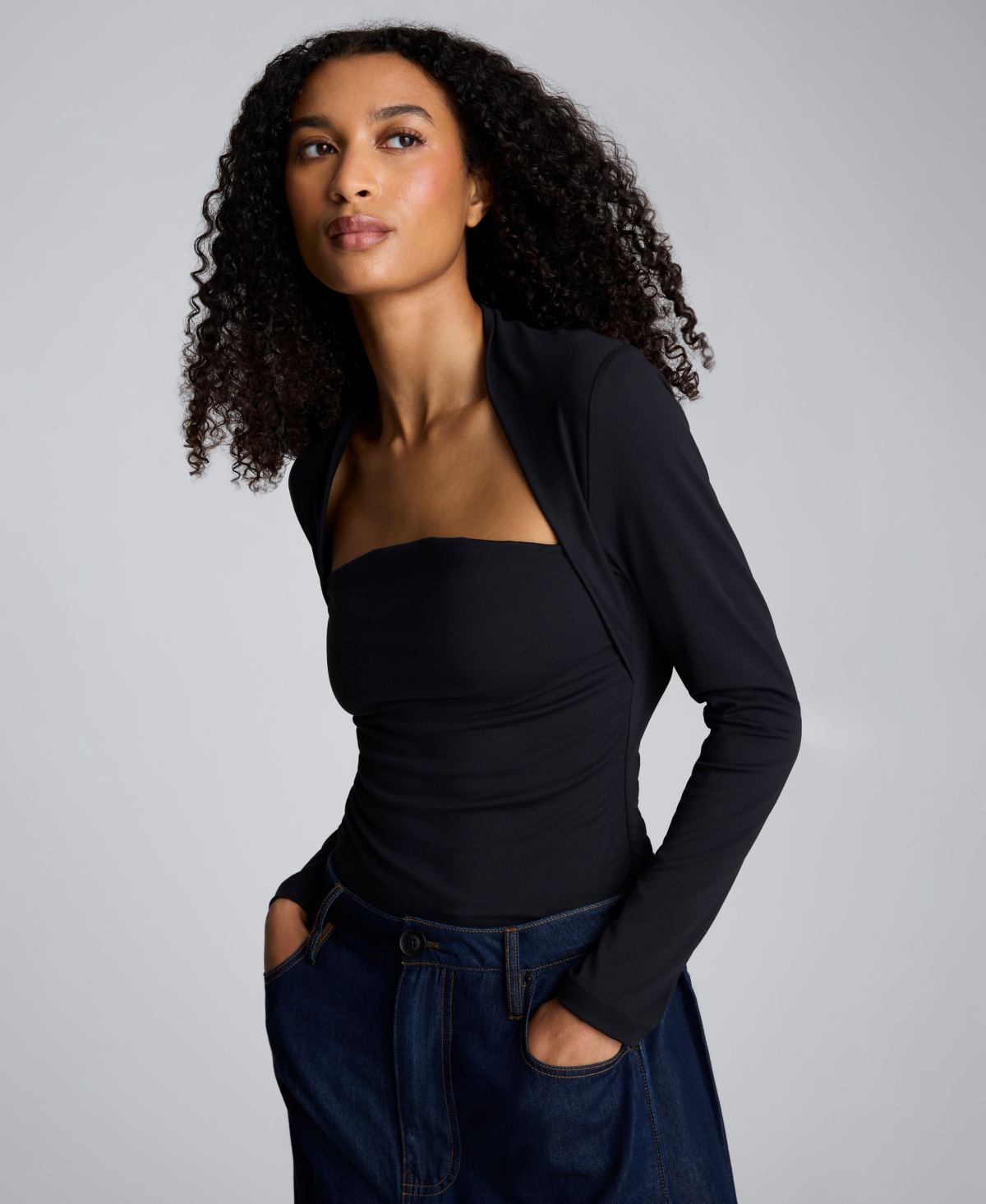 Kenneth Cole Long Sleeve Square Neck Knit Top In Black