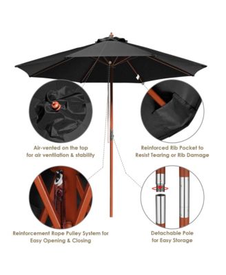 9ft Solid Wood Outdoor Patio Umbrella with Base Included Parasol Wheels Stand for Bistro Market Garden Deck Yard Poolside Black