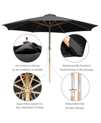 13ft XL Heavy Duty Solid Wood Outdoor Patio Umbrella with Base Parasol Wheels Stand for Bistro Market Table Garden Deck Yard Poolside Black