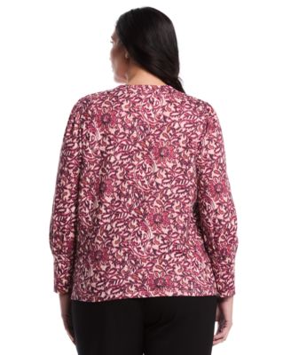 Plus Size Paisley Print Puff Long Sleeve Crew Neck Top
